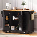 Îlot de cuisine en bois d'hévéa Okak avec abattant et prise de courant, chariot de cuisine roulant avec roues et tiroirs, table à manger pliante avec armoire de rangement