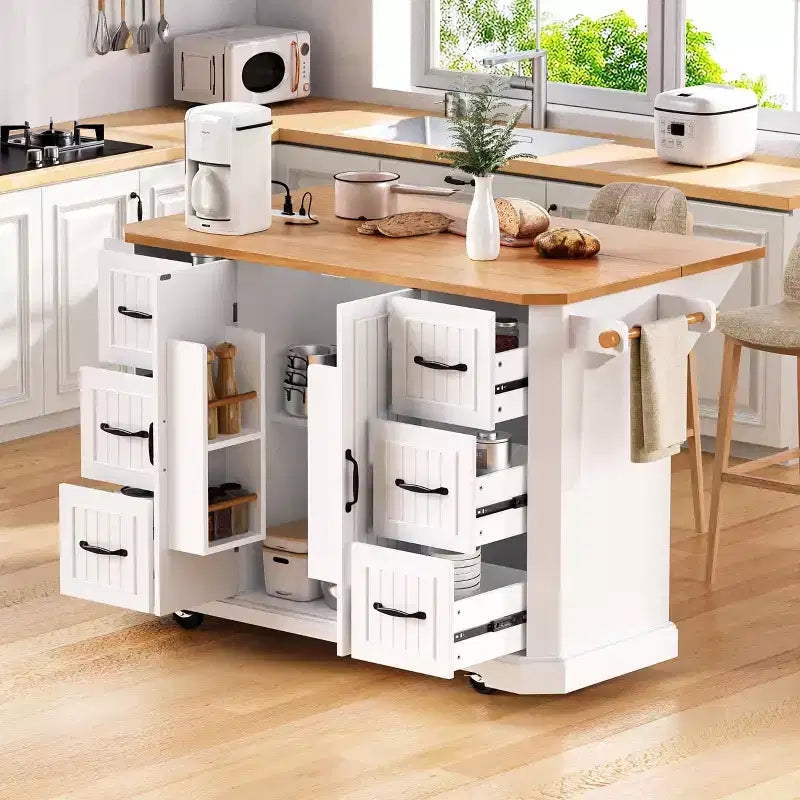 Îlot de cuisine en bois d'hévéa Okak avec abattant et prise de courant, chariot de cuisine roulant avec roues et tiroirs, table à manger pliante avec armoire de rangement