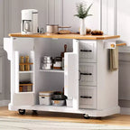 Îlot de cuisine en bois d'hévéa Okak avec abattant et prise de courant, chariot de cuisine roulant avec roues et tiroirs, table à manger pliante avec armoire de rangement