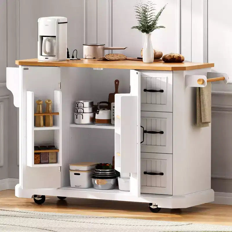 Îlot de cuisine en bois d'hévéa Okak avec abattant et prise de courant, chariot de cuisine roulant avec roues et tiroirs, table à manger pliante avec armoire de rangement