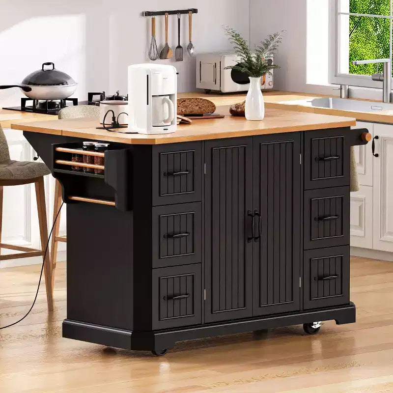 Okak Rubber Wood Kitchen Island with Drop Leaf & Power Outlet,Rolling Kitchen Cart with Wheels & Drawers,Storage Cabinet Folding Dining Table