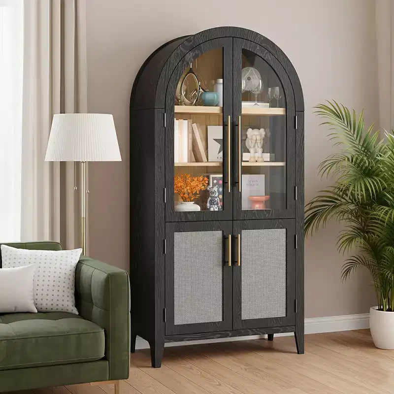 MAYEERTY 63 Tall Arched Storage Cabinet 5 Tier Glass Rattan Door Black
