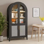 MAYEERTY Armoire de rangement arquée de 160 cm avec 5 niveaux et porte en verre/rotin, noire