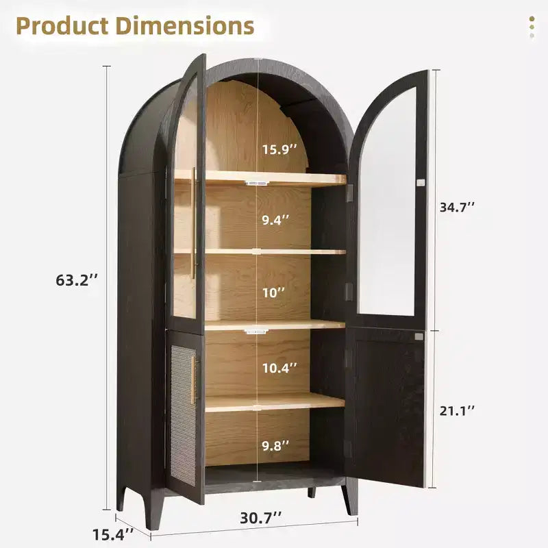 MAYEERTY Armoire de rangement arquée de 160 cm avec 5 niveaux et porte en verre/rotin, noire
