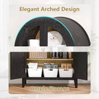 MAYEERTY Armoire de rangement arquée de 160 cm avec 5 niveaux et porte en verre/rotin, noire