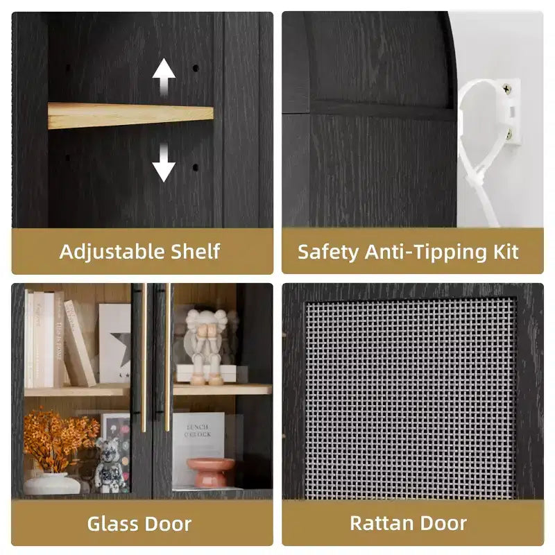 MAYEERTY Armoire de rangement arquée de 160 cm avec 5 niveaux et porte en verre/rotin, noire