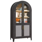 MAYEERTY Armoire de rangement arquée de 160 cm avec 5 niveaux et porte en verre/rotin, noire