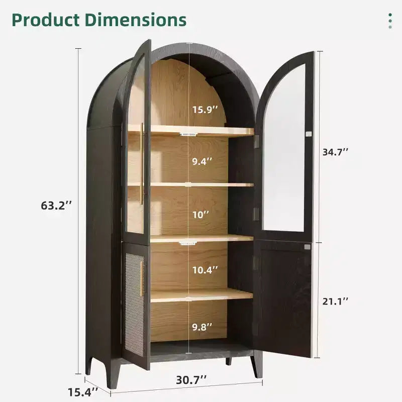 MAYEERTY Armoire de rangement arquée de 160 cm avec 5 niveaux et porte en verre/rotin, noire