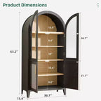 MAYEERTY Armoire de rangement arquée de 160 cm avec 5 niveaux et porte en verre/rotin, noire