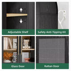 MAYEERTY Armoire de rangement arquée de 160 cm avec 5 niveaux et porte en verre/rotin, noire