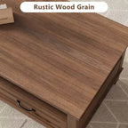 Table basse avec tiroirs, 120 cm, style campagnard, avec étagères ouvertes et 6 pieds de support.