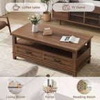 Table basse avec tiroirs, 120 cm, style campagnard, avec étagères ouvertes et 6 pieds de support.