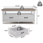 Table basse avec tiroirs, 120 cm, style campagnard, avec étagères ouvertes et 6 pieds de support.