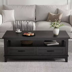 Table basse avec tiroirs, 120 cm, style campagnard, avec étagères ouvertes et 6 pieds de support.