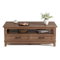 Table basse avec tiroirs, 120 cm, style campagnard, avec étagères ouvertes et 6 pieds de support.