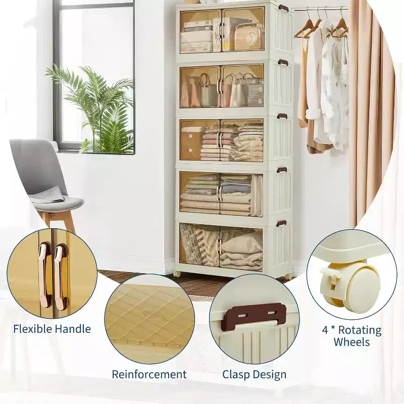 Tiroirs de rangement à 5 niveaux avec roulettes verrouillables, boîtes de rangement avec couvercles, organisateurs de placard et tiroirs de rangement en plastique pour bureau, chambre à coucher