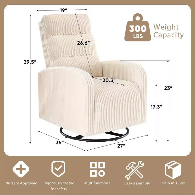 JIONJOY Fauteuil de maternité pivotant à 360° en velours côtelé avec coussin épais, fauteuil confortable à dossier haut - Beige