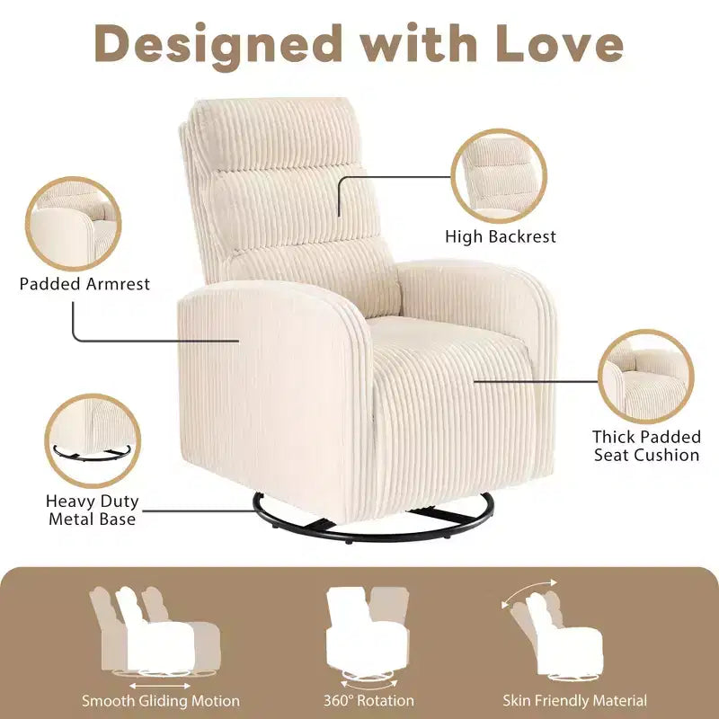 JIONJOY Fauteuil de maternité pivotant à 360° en velours côtelé avec coussin épais, fauteuil confortable à dossier haut - Beige