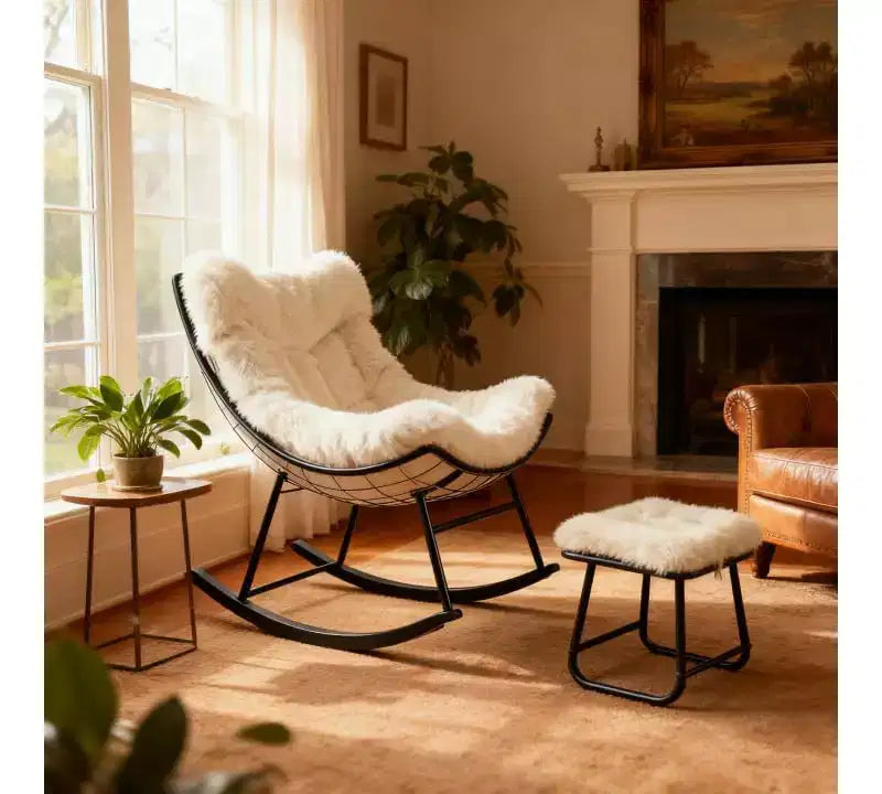 Fauteuil à bascule Papasan surdimensionné avec ottoman et coussin en peluche moelleux, chaise longue avec repose-pieds et cadre en métal robuste, Rocker Egg pour salon