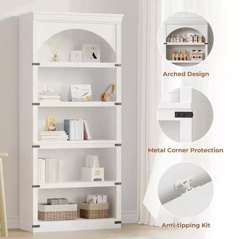 GustoWave Étagère haute en bois 68,7, étagère arche de ferme, bibliothèque arquée, bibliothèque à 5 niveaux, pour salon, bureau, bibliothèque