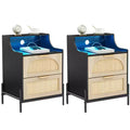 COZONY 2-Pack Wooden Rattan Nightstand with Charging Station and LED Lights, Modern Bedside Table Set for Bedroom and Living Room