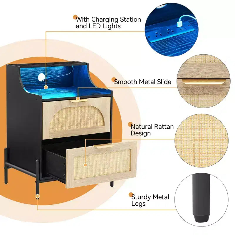 COZONY Lot de 2 tables de chevet en bois de rotin avec station de charge et lumières LED, ensemble de tables de chevet modernes pour chambre et salon