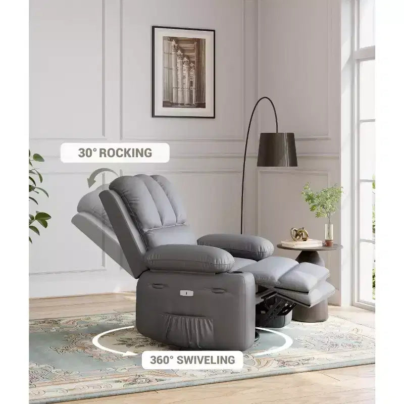 Fauteuil inclinable pivotant manuel surdimensionné GustoWave avec chauffage et massage, canapé inclinable pivotant rembourré en similicuir pour adultes