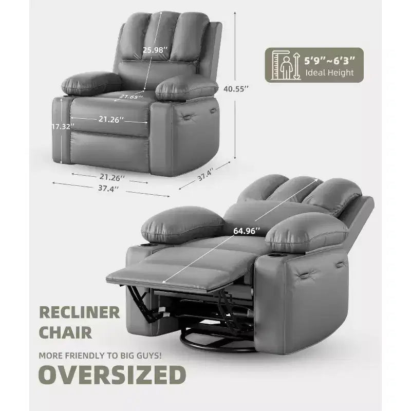 Fauteuil inclinable pivotant manuel surdimensionné GustoWave avec chauffage et massage, canapé inclinable pivotant rembourré en similicuir pour adultes