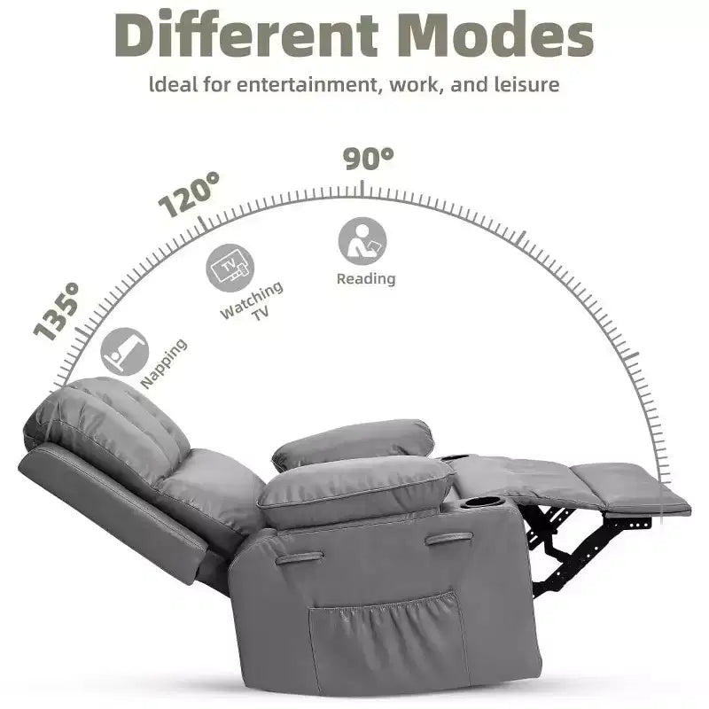Fauteuil inclinable pivotant manuel surdimensionné GustoWave avec chauffage et massage, canapé inclinable pivotant rembourré en similicuir pour adultes