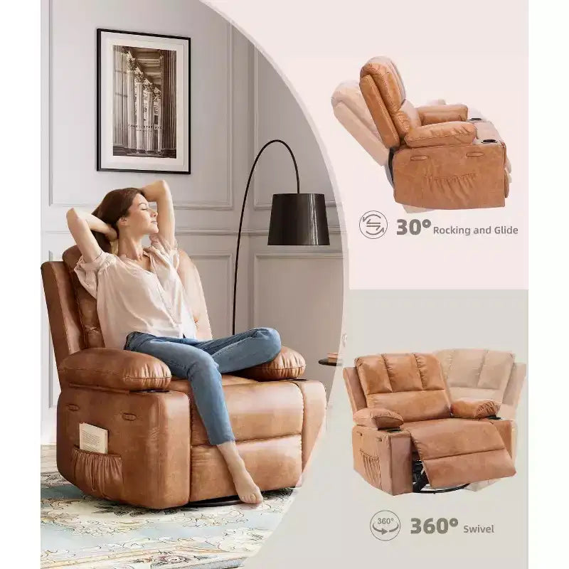 Fauteuil inclinable pivotant manuel surdimensionné GustoWave avec chauffage et massage, canapé inclinable pivotant rembourré en similicuir pour adultes