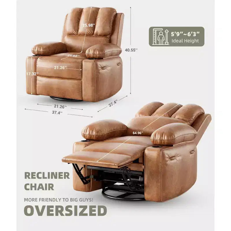 Fauteuil inclinable pivotant manuel surdimensionné GustoWave avec chauffage et massage, canapé inclinable pivotant rembourré en similicuir pour adultes