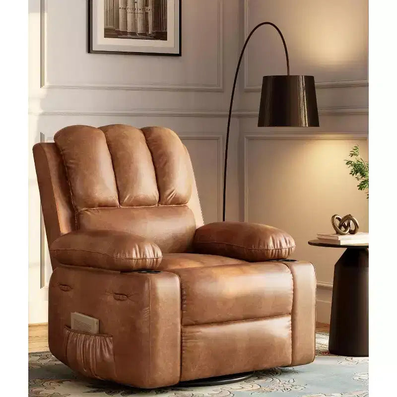 Fauteuil inclinable pivotant manuel surdimensionné GustoWave avec chauffage et massage, canapé inclinable pivotant rembourré en similicuir pour adultes