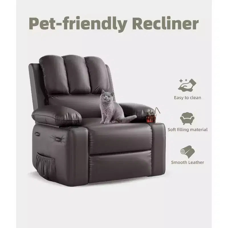Fauteuil inclinable pivotant manuel surdimensionné GustoWave avec chauffage et massage, canapé inclinable pivotant rembourré en similicuir pour adultes