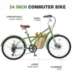 Vélo de croisière Okak 24 pouces avec grand panier, vélo adulte 6 vitesses avec cadre en acier et frein à disque, vélo de ville pour hommes et femmes