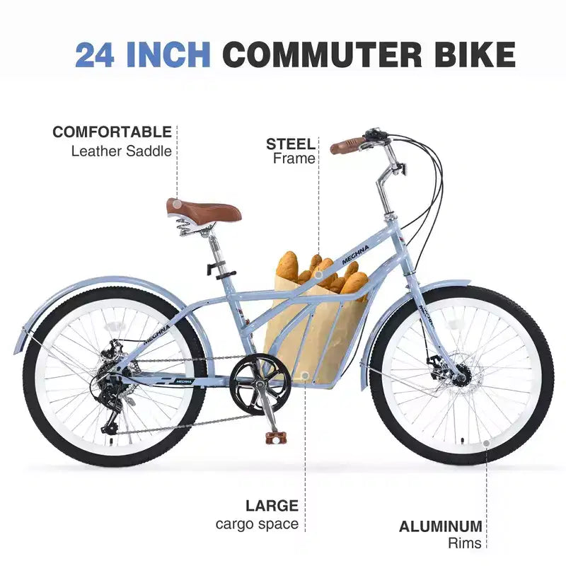 Vélo de croisière Okak 24 pouces avec grand panier, vélo adulte 6 vitesses avec cadre en acier et frein à disque, vélo de ville pour hommes et femmes