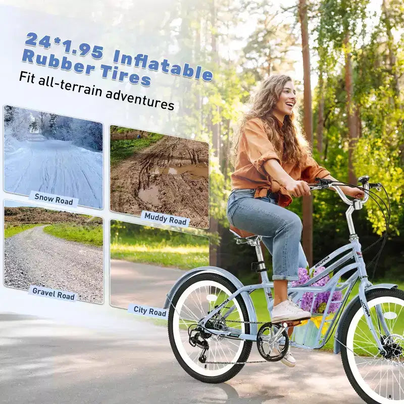 Vélo de croisière Okak 24 pouces avec grand panier, vélo adulte 6 vitesses avec cadre en acier et frein à disque, vélo de ville pour hommes et femmes