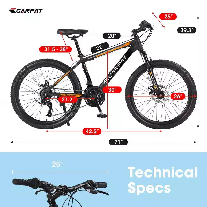 VTT Okak 26 pouces avec 21 vitesses et freins à disque mécaniques, vélo adulte avec cadre en acier à haute teneur en carbone, Dirt Bike pour enfants et adultes