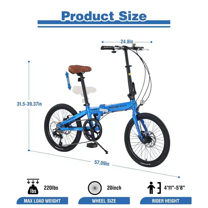 Vélo Pliant Okak 20 pouces avec Cadre Léger en Aluminium, Vélo de Ville 7 Vitesses avec Selle et Guidon Réglables pour les Trajets Urbains, Bleu