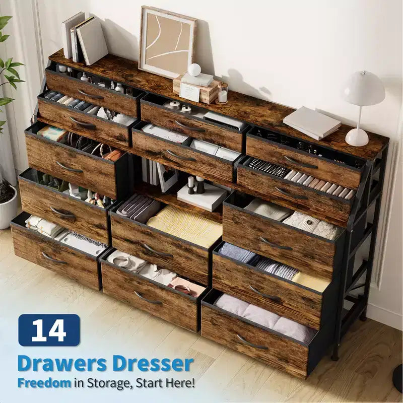 Commode à 14 tiroirs avec plateau en bois et 2 étagères | Grand organisateur de rangement en tissu pour chambre, salon et placard