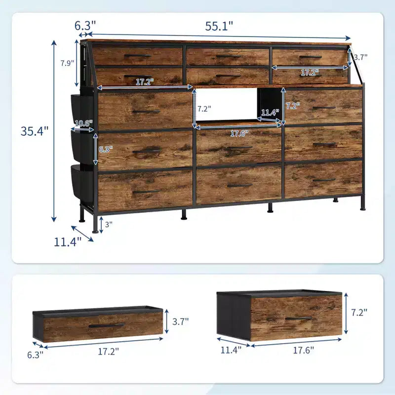 Commode à 14 tiroirs avec plateau en bois et 2 étagères | Grand organisateur de rangement en tissu pour chambre, salon et placard