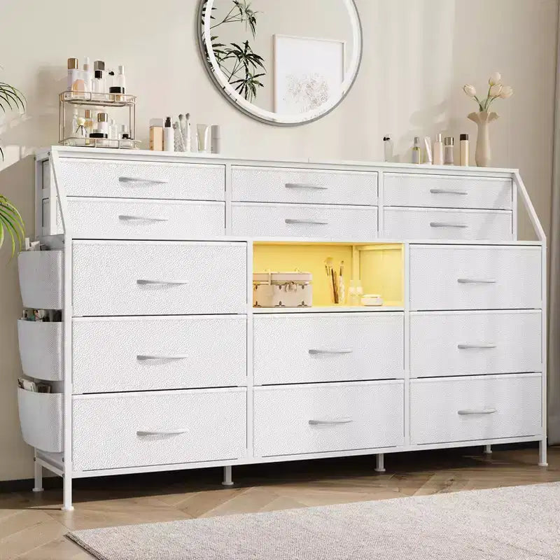 Commode à 14 tiroirs avec plateau en bois et 2 étagères | Grand organisateur de rangement en tissu pour chambre, salon et placard