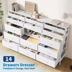 Commode à 14 tiroirs avec plateau en bois et 2 étagères | Grand organisateur de rangement en tissu pour chambre, salon et placard