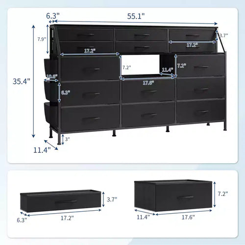 Commode à 14 tiroirs avec plateau en bois et 2 étagères | Grand organisateur de rangement en tissu pour chambre, salon et placard