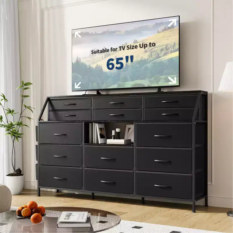 Commode à 14 tiroirs avec plateau en bois et 2 étagères | Grand organisateur de rangement en tissu pour chambre, salon et placard