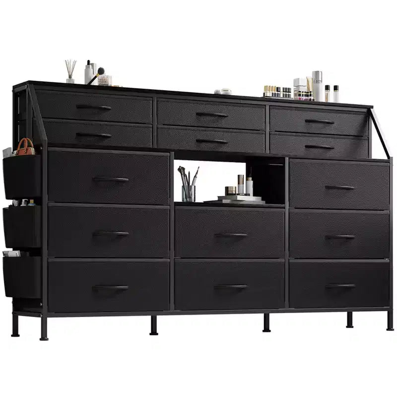 Commode à 14 tiroirs avec plateau en bois et 2 étagères | Grand organisateur de rangement en tissu pour chambre, salon et placard
