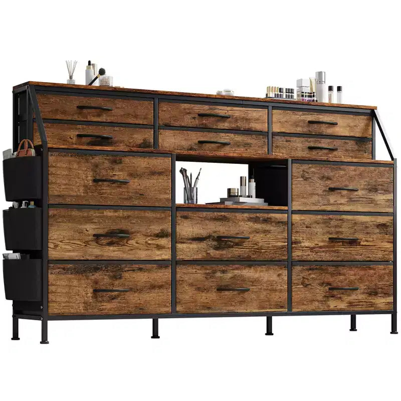 Commode à 14 tiroirs avec plateau en bois et 2 étagères | Grand organisateur de rangement en tissu pour chambre, salon et placard