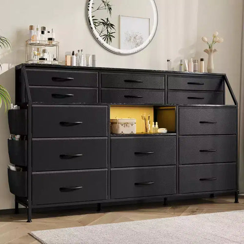 14-Drawer Dresser with Wood Top & 2 Shelves | Large Fabric Storage Organizer for Bedroom, Living Room & Closet