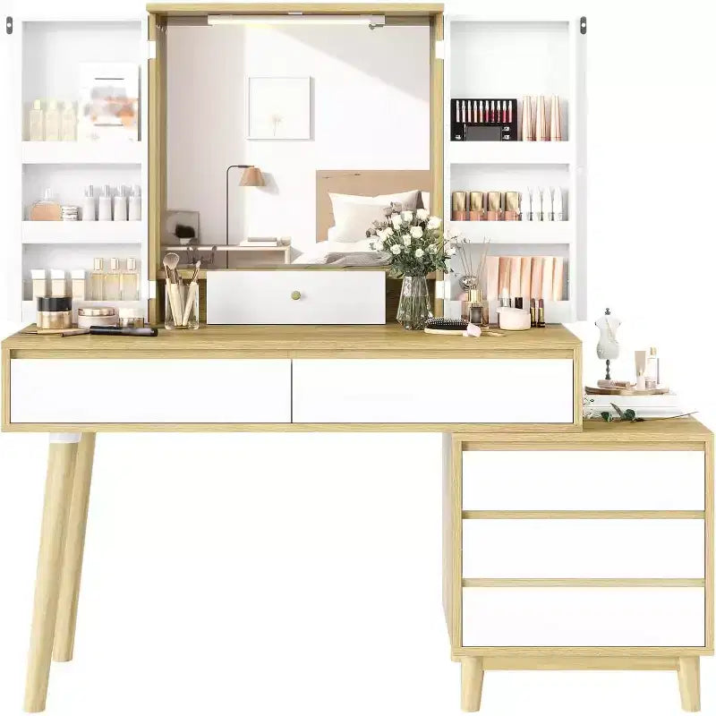 Coiffeuse avec miroir et lumières, Petite table de maquillage avec tiroirs, Bureau de maquillage pour adolescentes et femmes