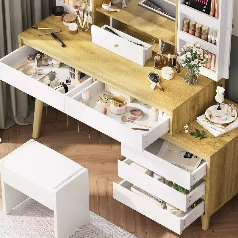 Coiffeuse avec miroir et lumières, Petite table de maquillage avec tiroirs, Bureau de maquillage pour adolescentes et femmes