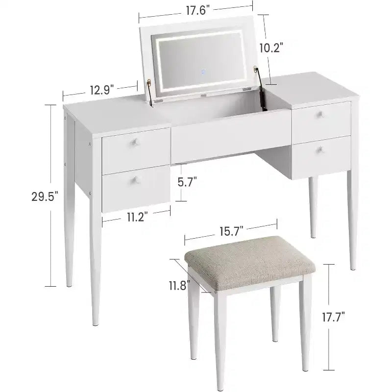 Coiffeuse de 47" avec miroir rabattable, ensemble de coiffeuse moderne avec chaise et 5 tiroirs pour chambre à coucher, dressing, vestiaire